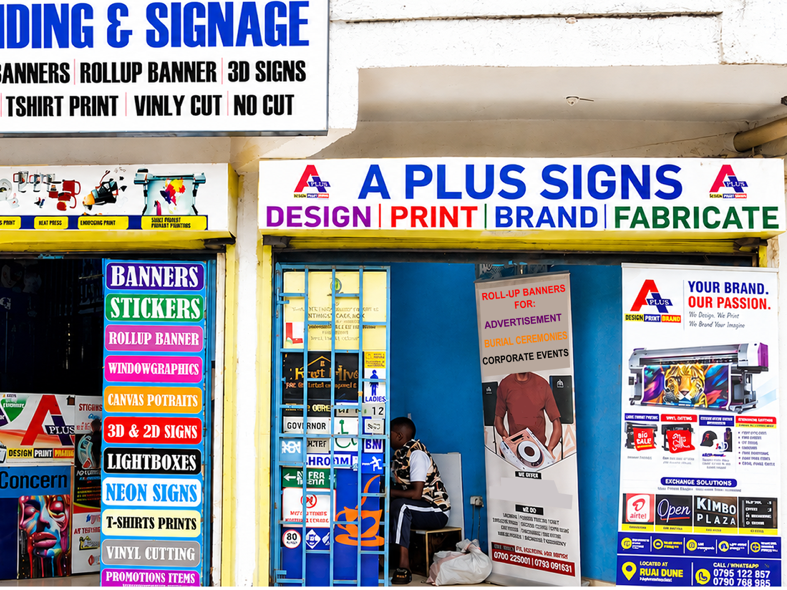 Aplus signs is a printing and branding company that specializes in: design artworks, printing stickers, banners, roll up banners, eulogy, business cards, posters, car branding, 2d, 3d, neon signs, light boxes, AI designs and all signage works in Kenya